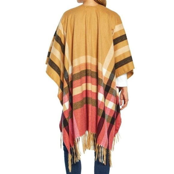 Woolrich Soft Justine Cozy Blanket Wrap One Size Tan/Red Poncho Shawl Cape - Picture 2 of 8